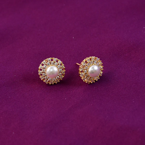 Round Pearl Stud Earrings with Crystal Border and Gold Finish for Women - Image 2