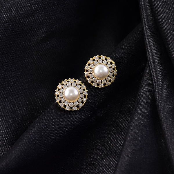 Round Pearl Stud Earrings with Crystal Border and Gold Finish for Women - Image 3
