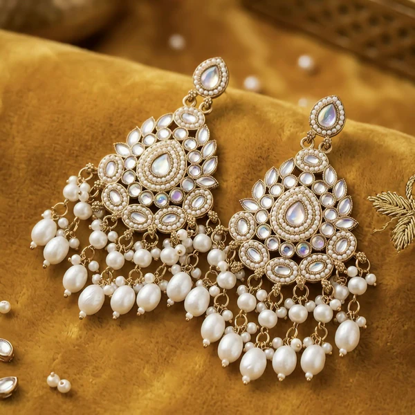 Exquisite Kundan & Pearl Drop Chandbali Earrings with Gold-Plated Finish - Image 2