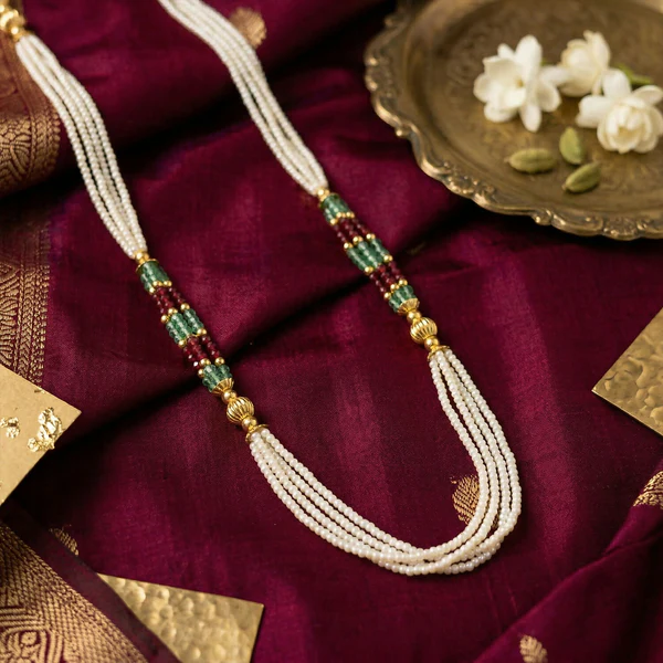 Elegant White Beaded Mala with Red & Green Traditional Design for Women - Image 3