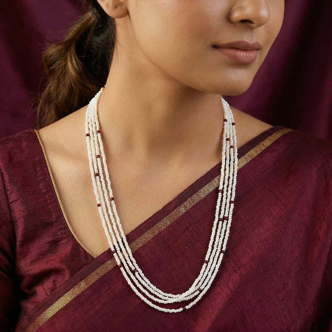 Elegant White Multi Layer Handmade Beaded Mala Necklace for Women