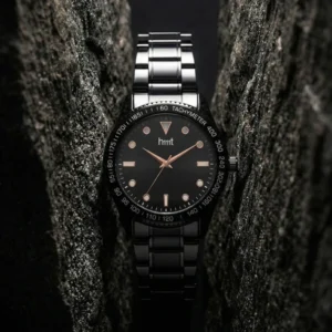 Classic Analog Wrist Watch with Black Dial, Tachymeter Bezel and Black Metal Strap