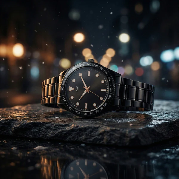 Classic Analog Wrist Watch with Black Dial, Tachymeter Bezel and Black Metal Strap - Image 2