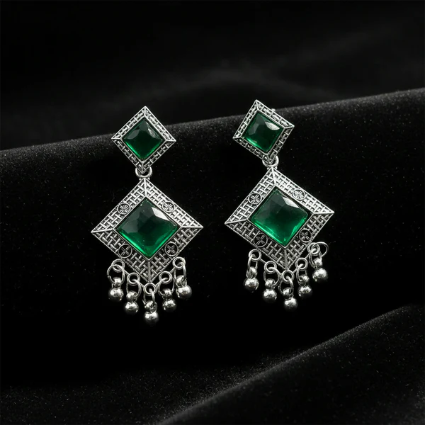 Traditional Indian Oxidised Dangler Earrings with Square Green Monalisa Stones - Image 3