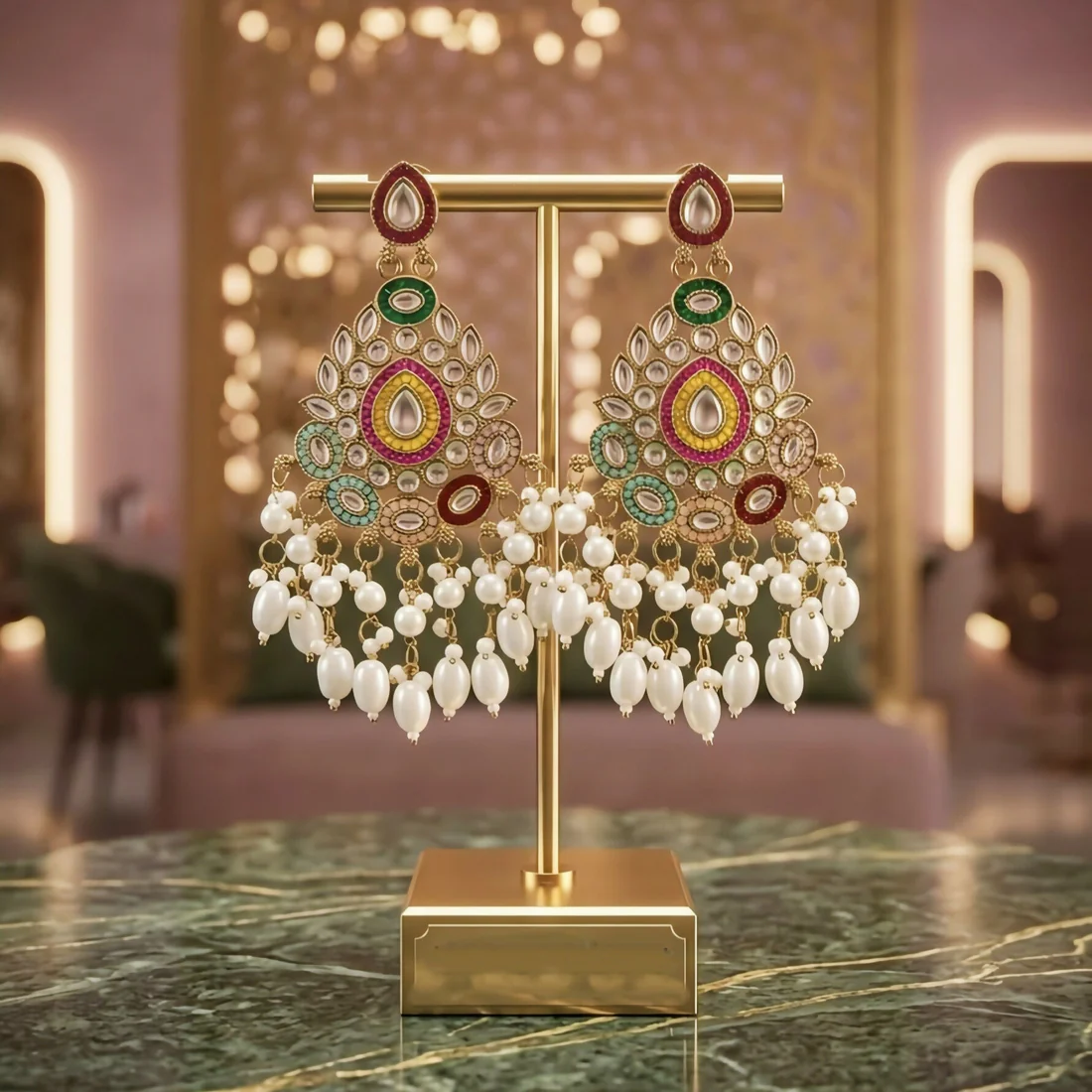 Kundan & Meenakari Handcrafted Chandbali Earrings with Pearl Drops - Image 3
