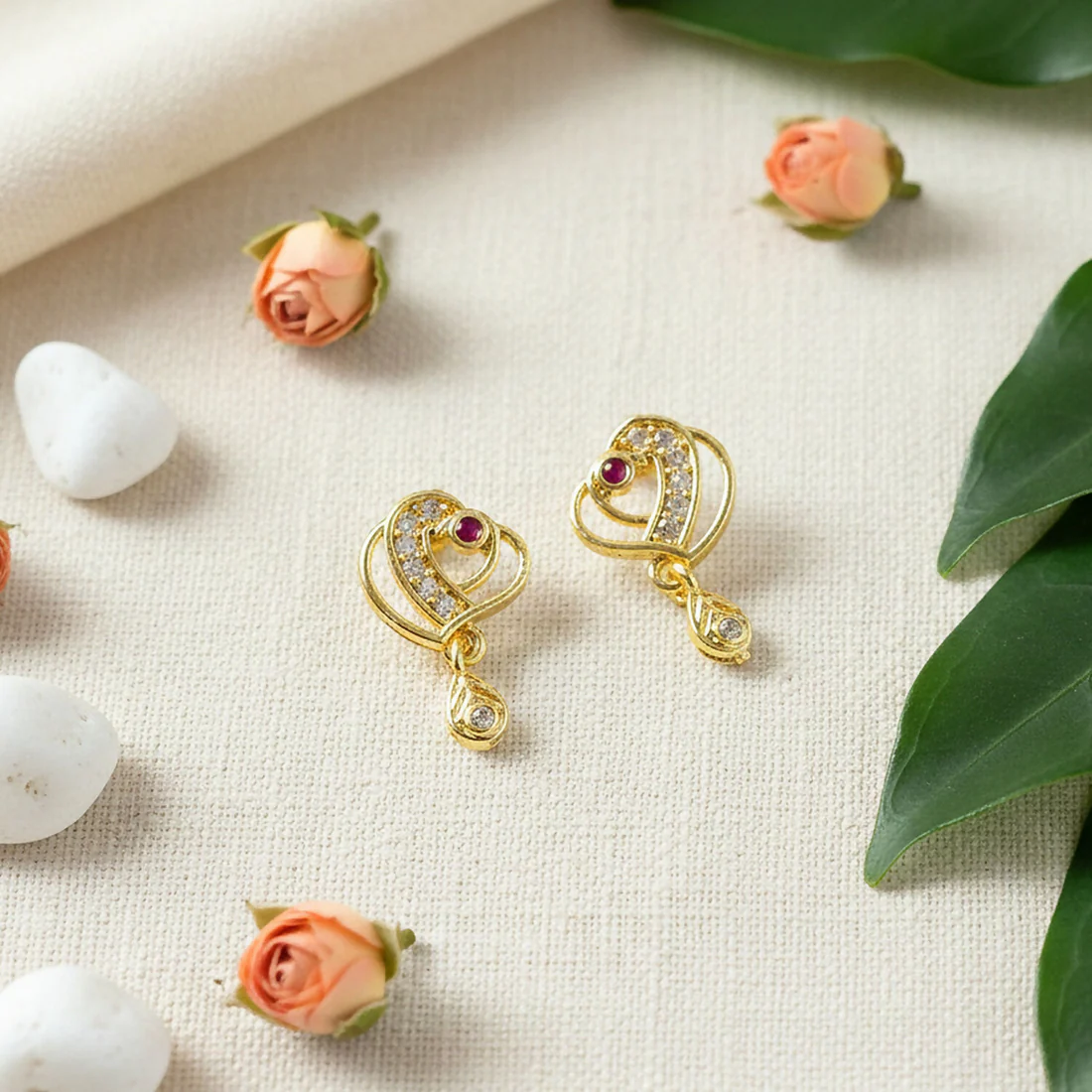 Trendy Geometric Gold Earrings with Sparkling Stones & Drop Charm - Image 2