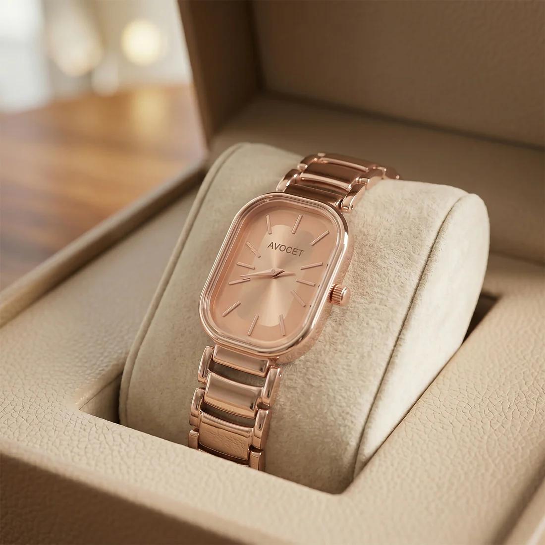 Elegant Rose Gold Rectangular Dial Women’s Watch with Premium Metal Strap