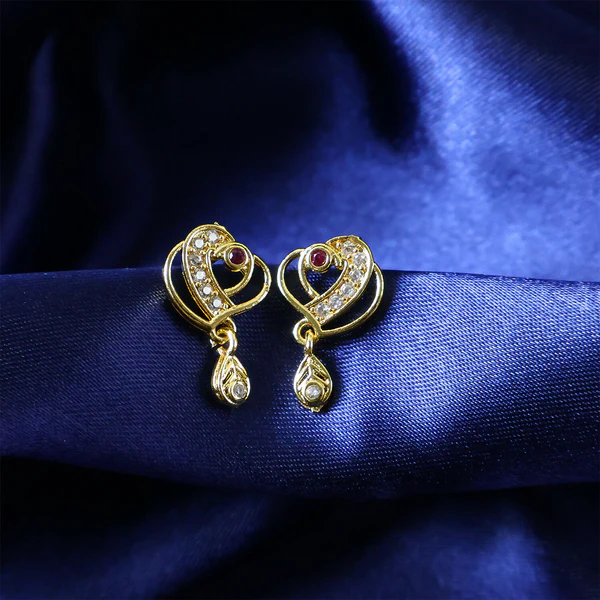 Trendy Geometric Gold Earrings with Sparkling Stones & Drop Charm - Image 3
