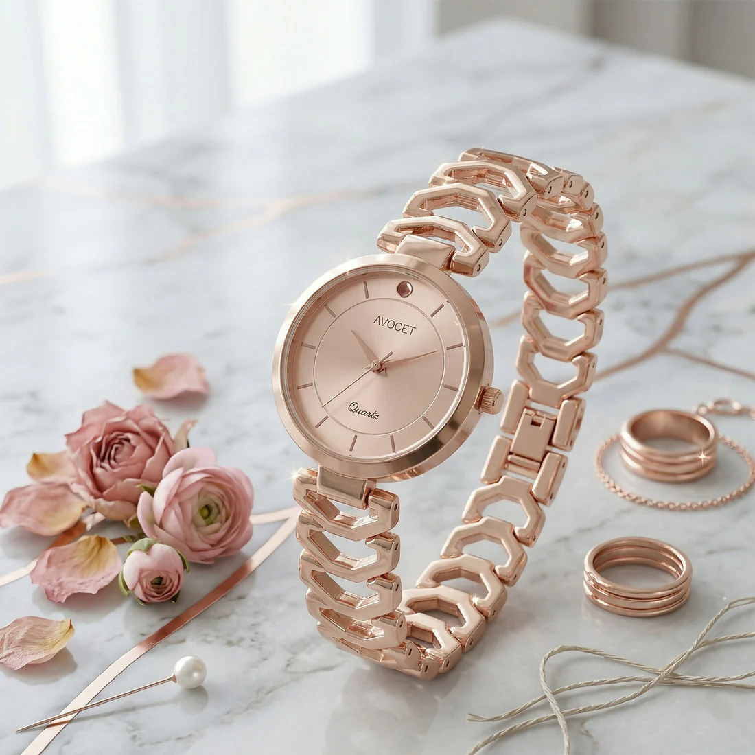 Elegant Rose Gold Analog Wrist Watch with Designer Bracelet Strap for Women