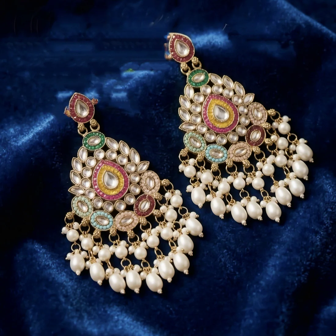 Kundan & Meenakari Handcrafted Chandbali Earrings with Pearl Drops - Image 2