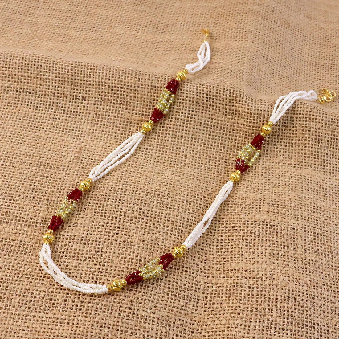 Handmade Multi Strand Pearl Beaded Mala Necklace Red Gold Ethnic Jewelry for Women - Image 2