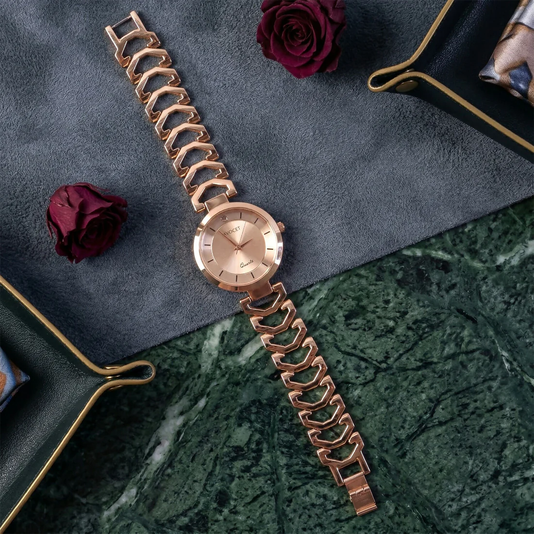 Elegant Rose Gold Analog Wrist Watch with Designer Bracelet Strap for Women - Image 5