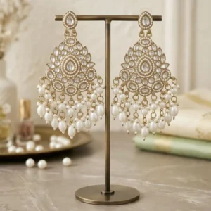 Exquisite Kundan & Pearl Drop Chandbali Earrings with Gold-Plated Finish