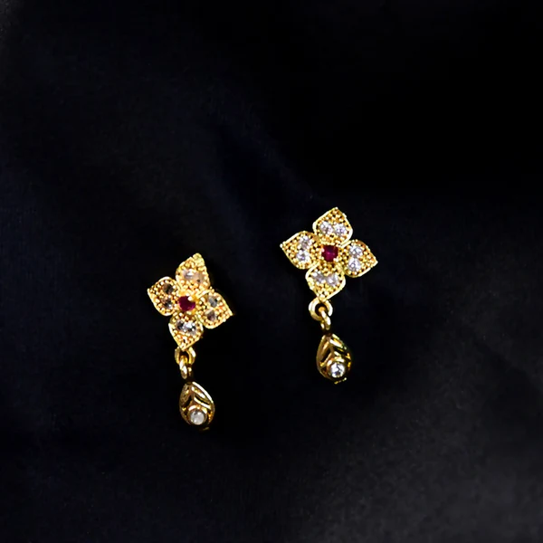 Charming Flower Motif Gold Earrings with Teardrop Charm - Image 2