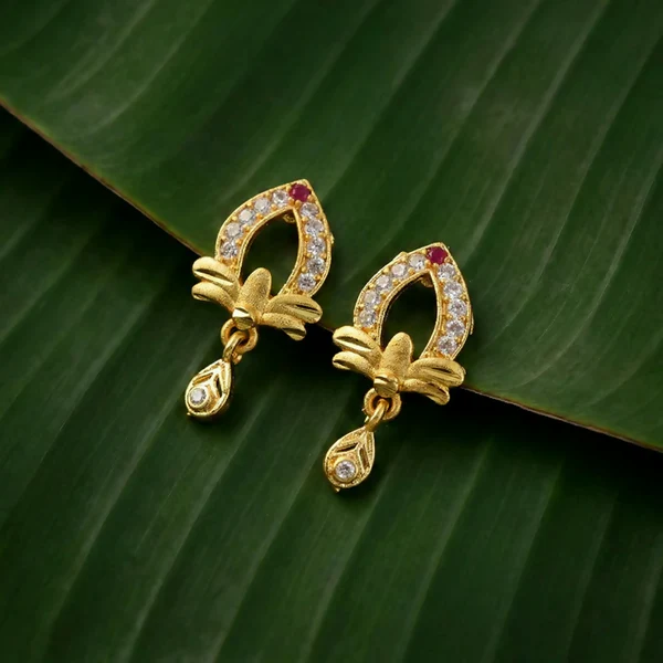 Designer Gold Earrings with Elegant Teardrop Cut & Crystal Work - Image 3