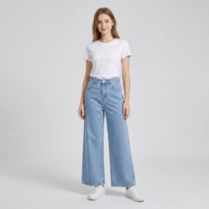 Women Wide Leg Light Blue Denim Jeans High Waist Stretchable Palazzo Fit