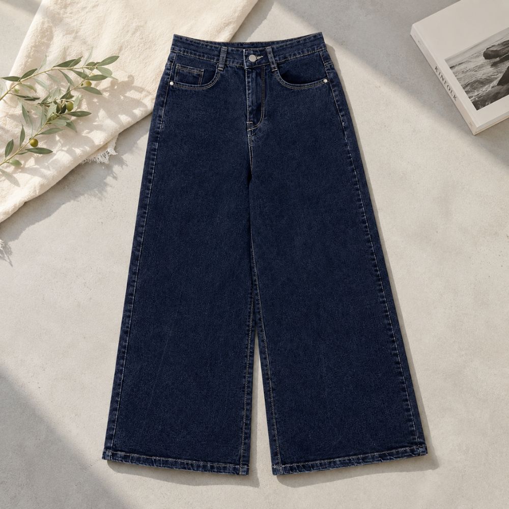 Women Dark Blue Wide Leg Denim Jeans High Waist Loose Fit Palazzo Style - Image 2