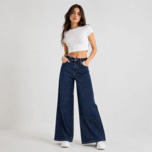 Women Dark Blue Wide Leg Denim Jeans High Waist Loose Fit Palazzo Style