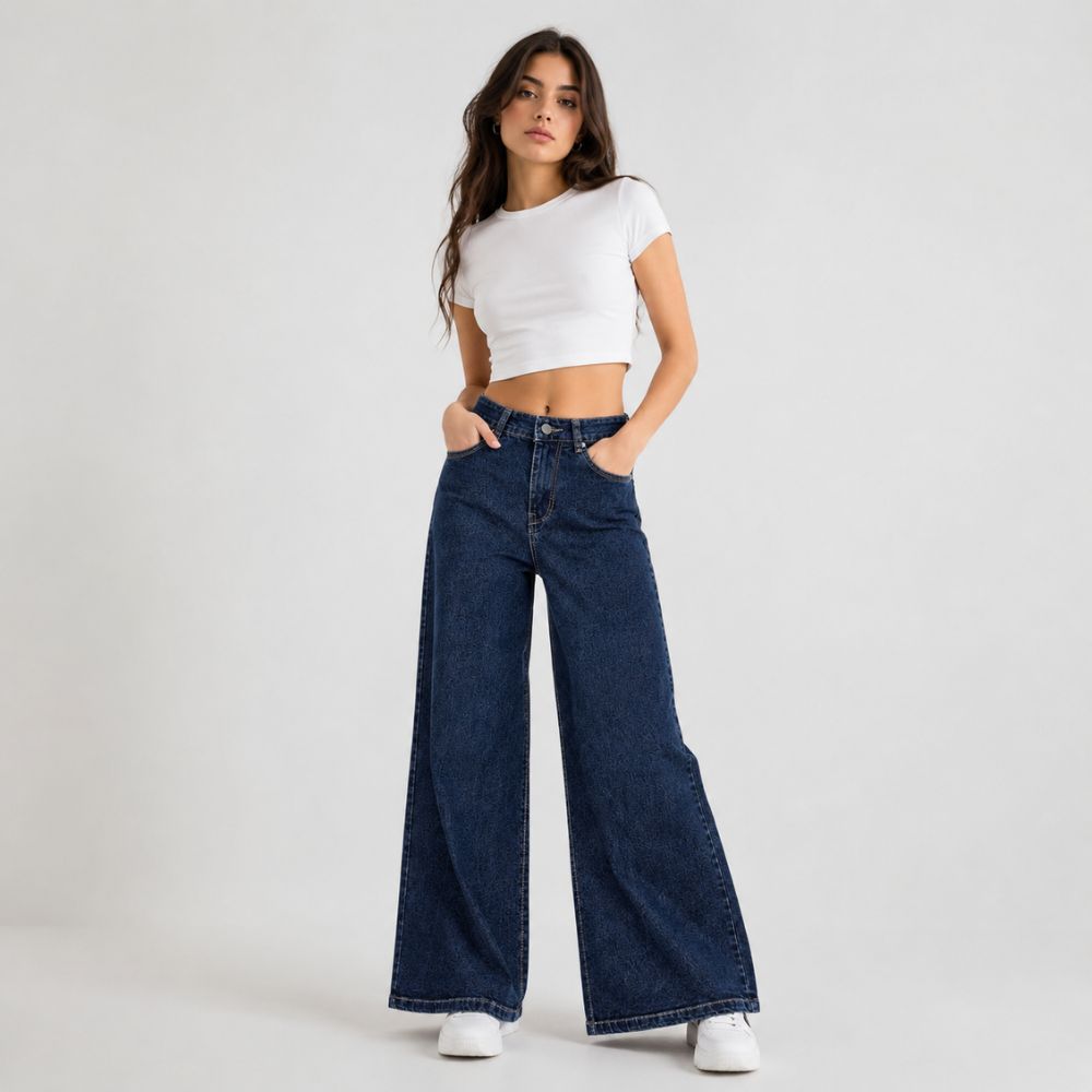 Women Dark Blue Wide Leg Denim Jeans High Waist Loose Fit Palazzo Style
