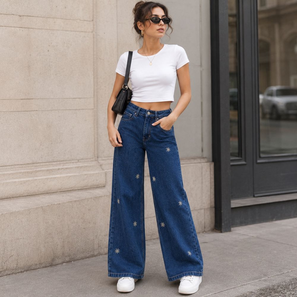 Women Dark Blue Wide Leg Embroidered Denim Jeans High Waist Casual Palazzo Fit