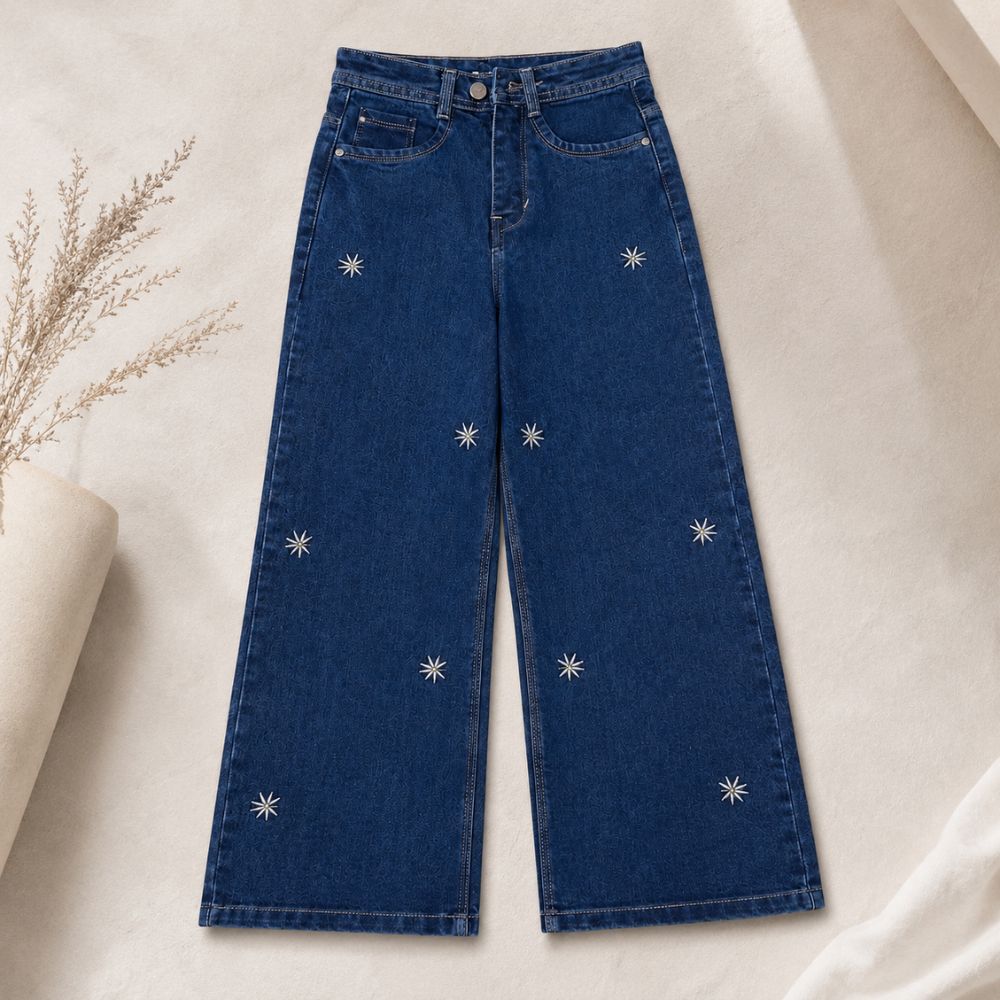Women Dark Blue Wide Leg Embroidered Denim Jeans High Waist Casual Palazzo Fit - Image 2