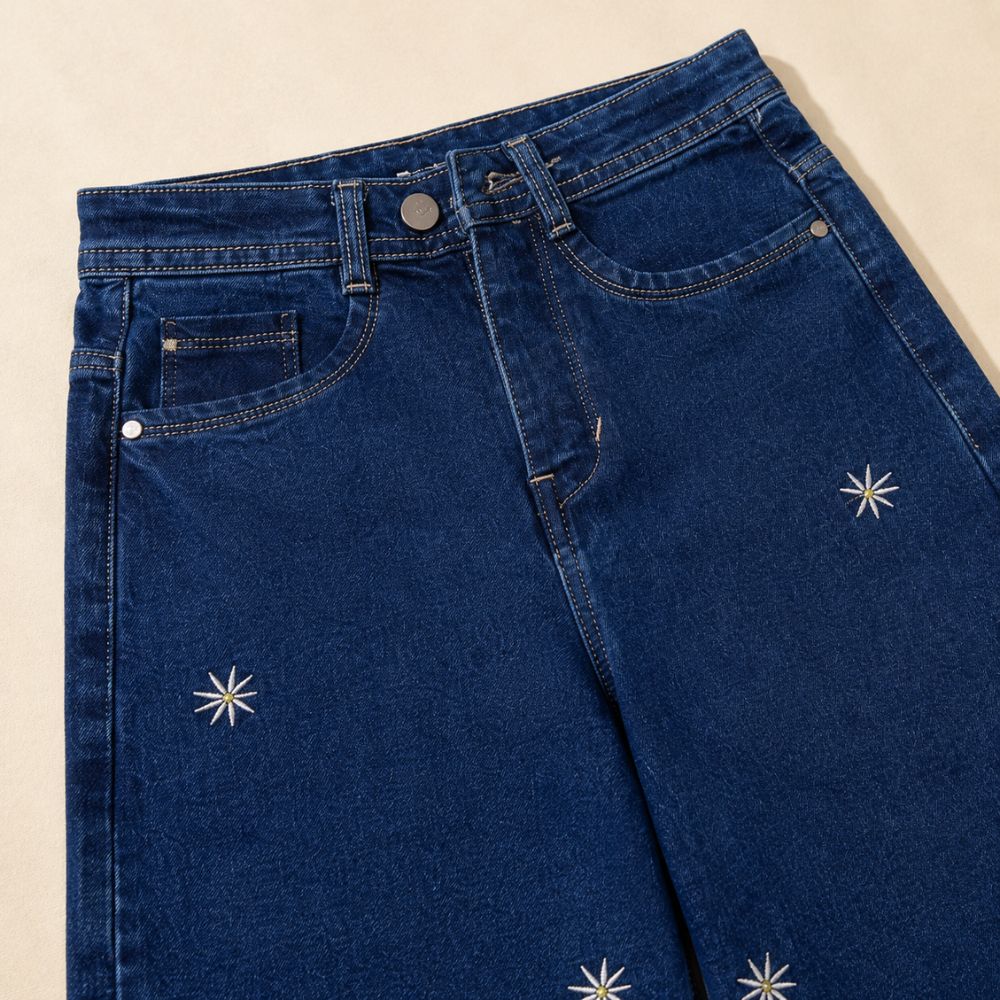 Women Dark Blue Wide Leg Embroidered Denim Jeans High Waist Casual Palazzo Fit - Image 3