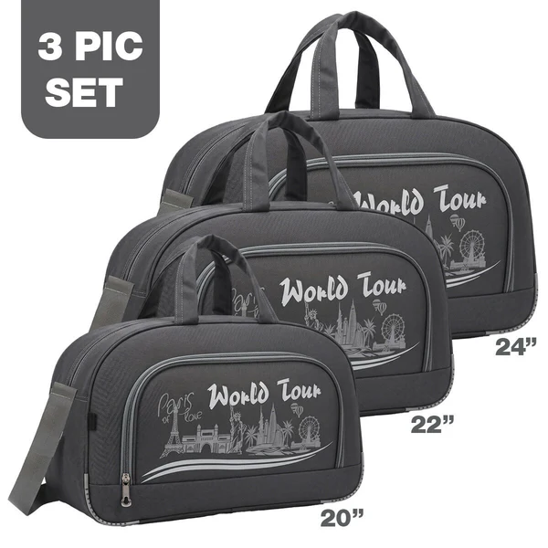 3 Piece Travel Duffel Bag Set – Lightweight Shoulder Strap - Grey - Image 3