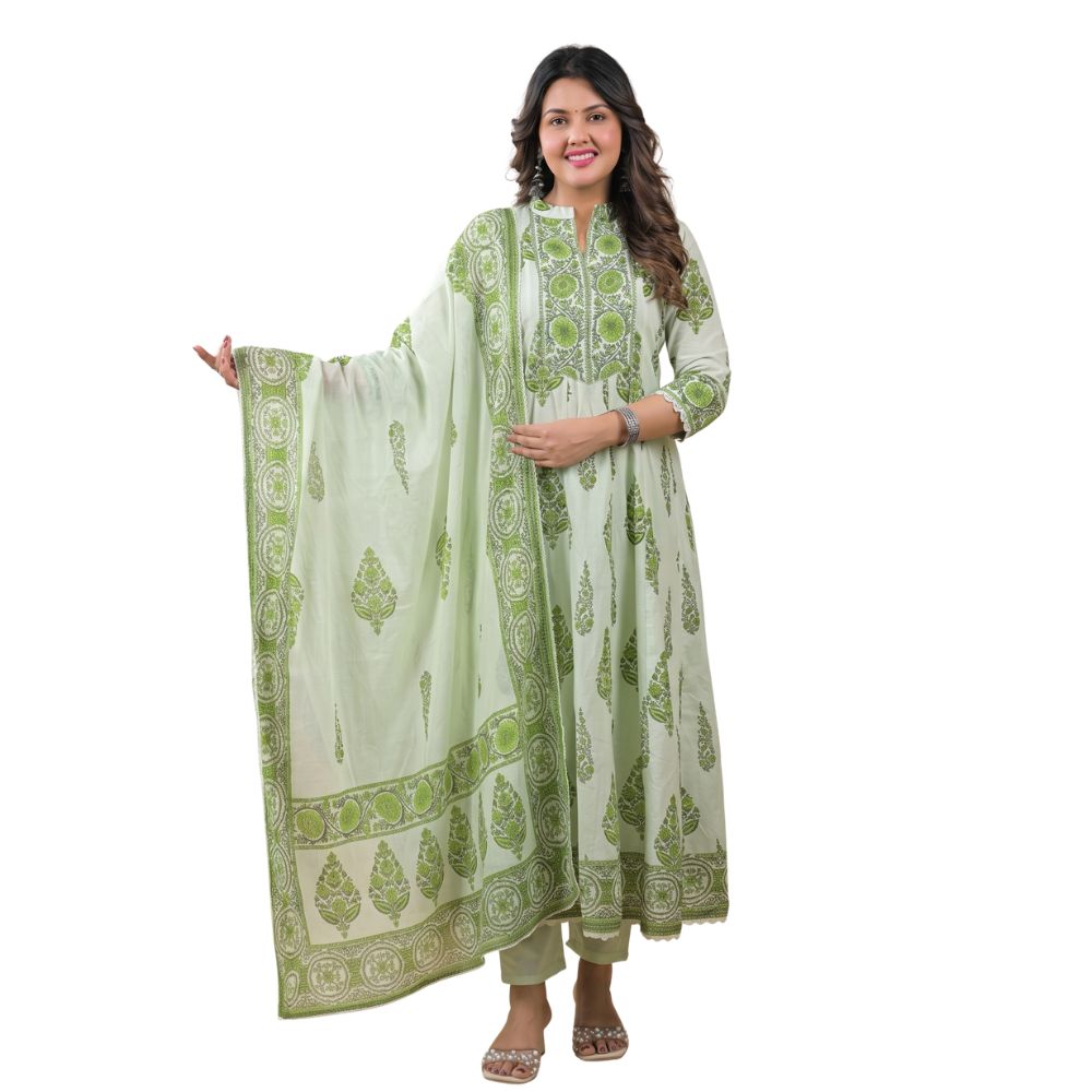 Mint Green Printed Anarkali Suit Set with Dupatta - Image 3