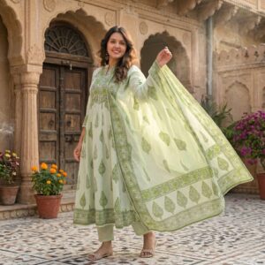 Mint Green Printed Anarkali Suit Set with Dupatta