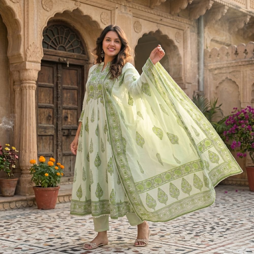 Mint Green Printed Anarkali Suit Set with Dupatta