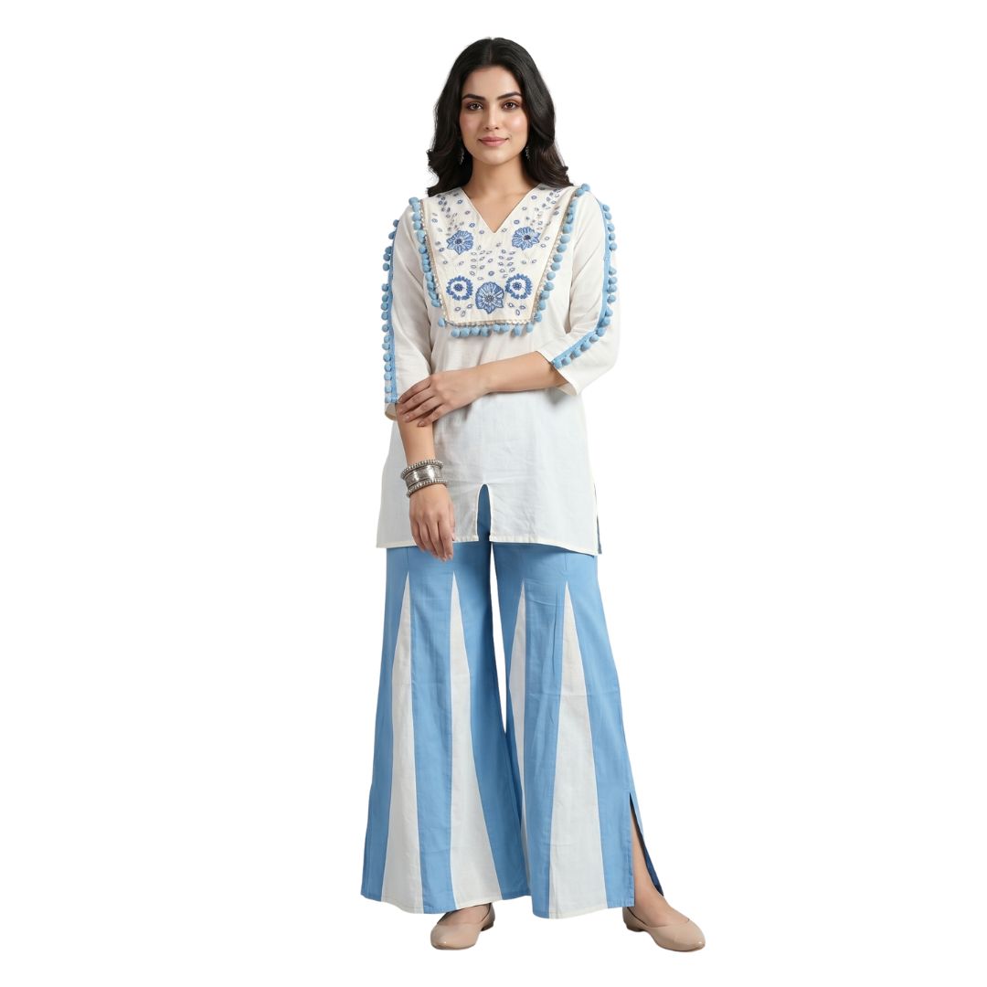 Sky Blue Embroidered Kurti & Palazzo Set | Women Two Piece - Image 2