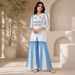 Sky Blue Embroidered Kurti & Palazzo Set | Women Two Piece