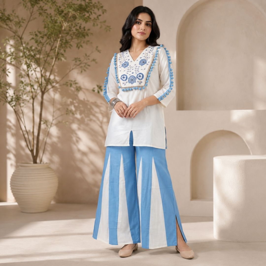 Sky Blue Embroidered Kurti & Palazzo Set | Women Two Piece