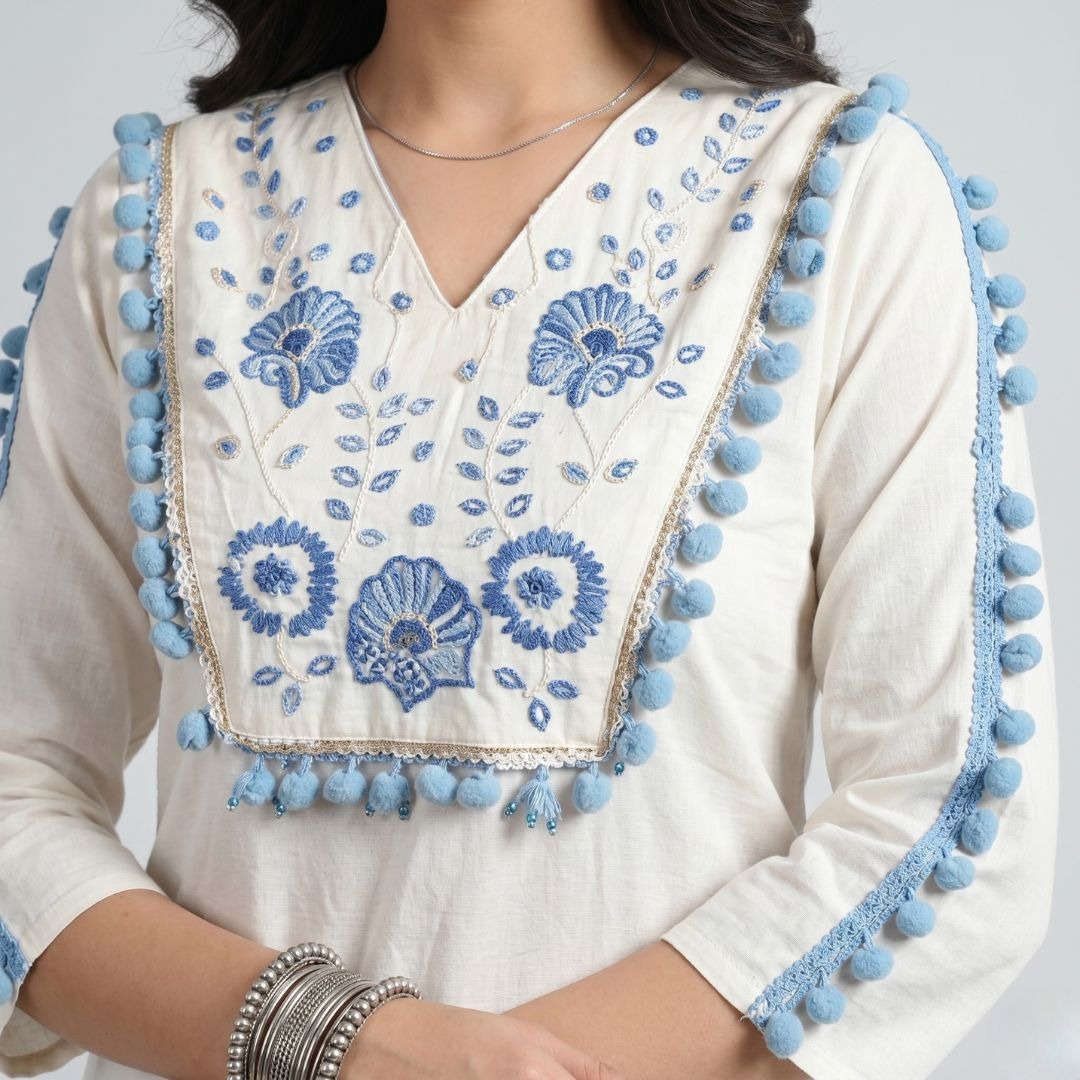 Sky Blue Embroidered Kurti & Palazzo Set | Women Two Piece - Image 3